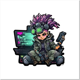 Cartoon Cyber Punk Girl with Futuristic Computer Posters and Art